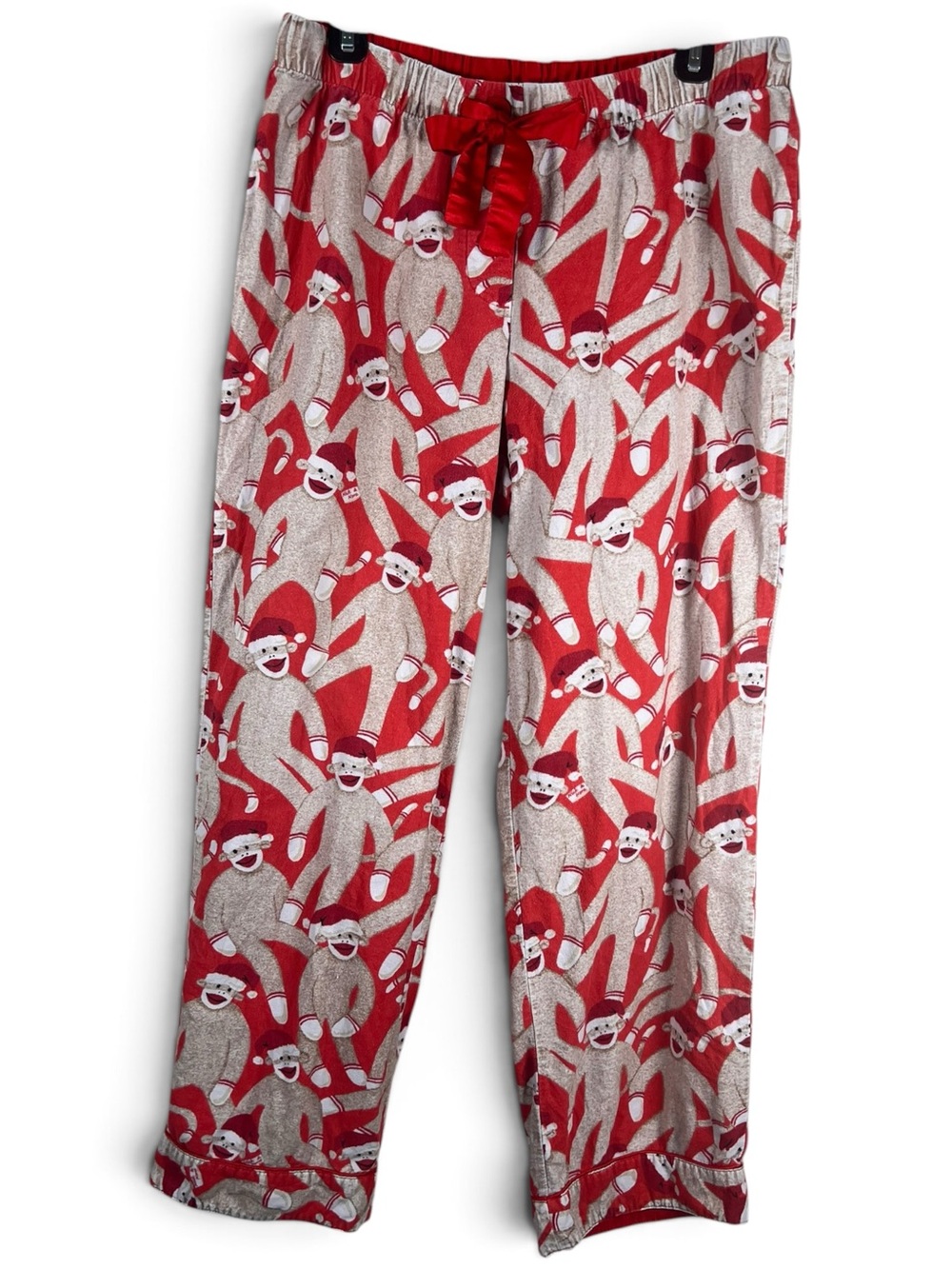 Nick & Nora Sock Monkey Pants L Flannel Red Sleepwear Bottom Drawstring Vintage